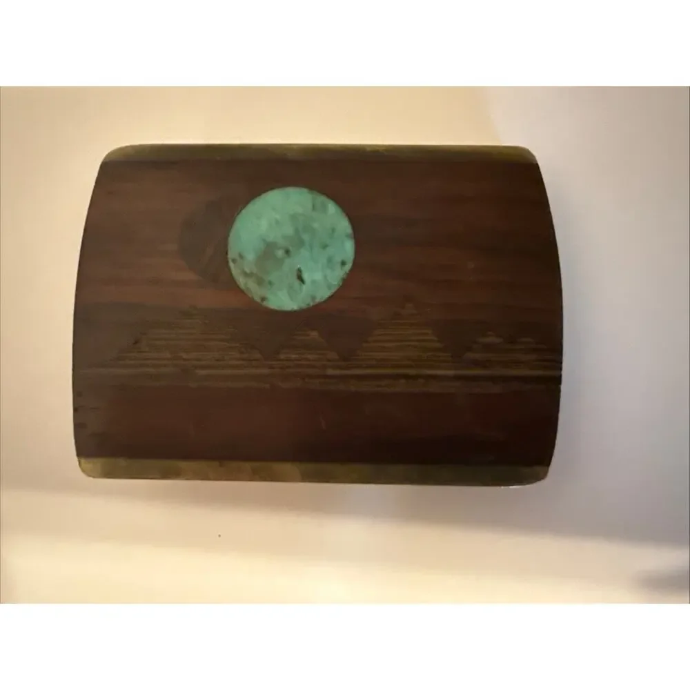 Vintage 70s 80s Brass Wood & Turquoise Inlay Double Moon Rise Scenic Belt Buckle